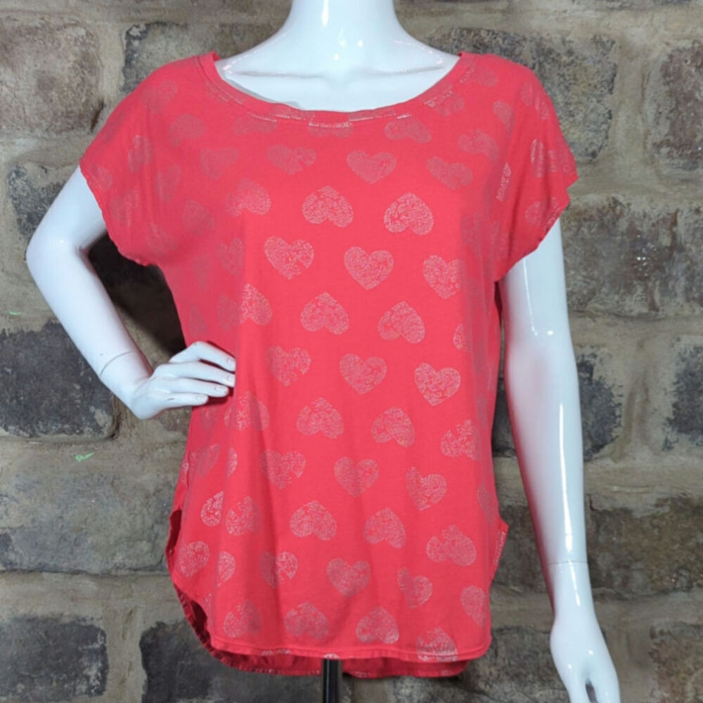 No Boundaries Top Woman's Medium Dolman Sleeve Metallic Heart Print Pink